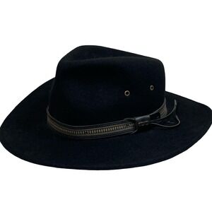 Scala Black Wool Felt Crushable Outback Fedora Hat Wide Brim Boho Safari